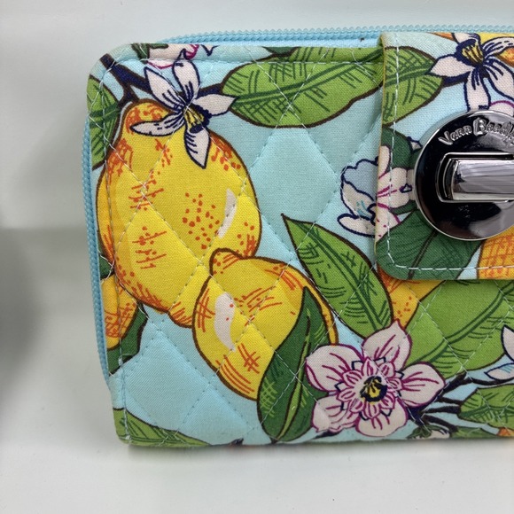 Vera Bradley Lemon Grove Turnlock Wallet Teal, Yellow, Leaves, Ladybug,‎ Flowers - Picture 3 of 9